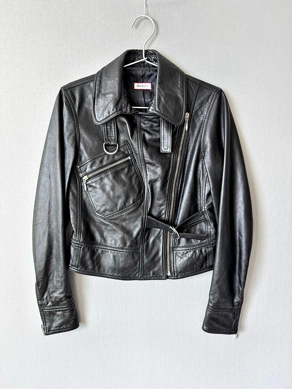 Max&Co. Black Leather Moto Jacket with Zipper and Strap Details - Size 4US